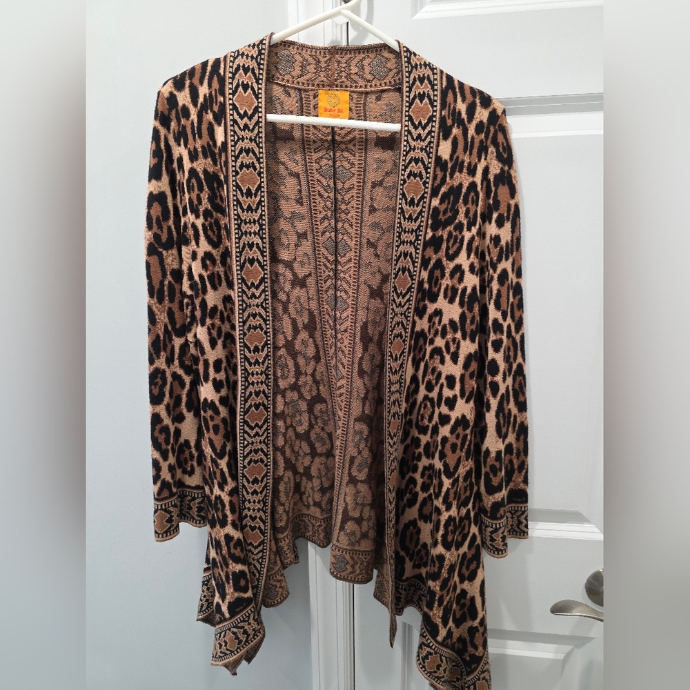 Ruby Rd. Tan and Black Leopard Print Open-Front Cardigan